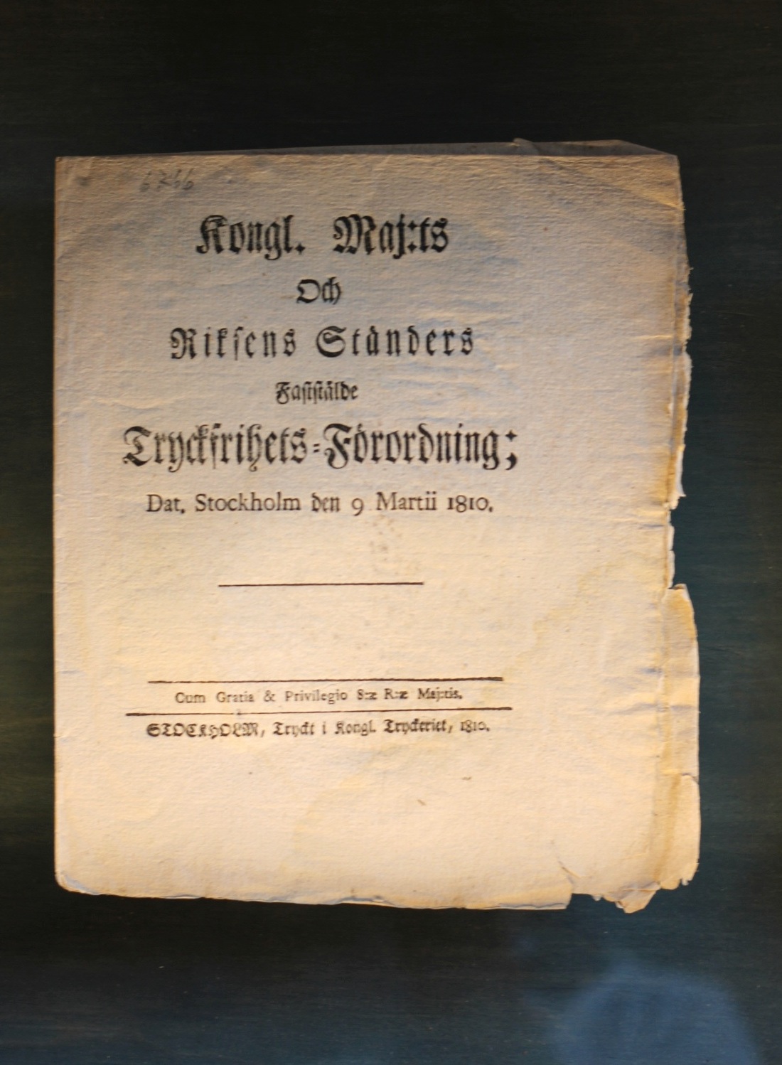 Kongl. Maj:ts och Riksens Ständers fastställda Tryckfrihetsförordning, 1810. Originaltryck ur samlingen.