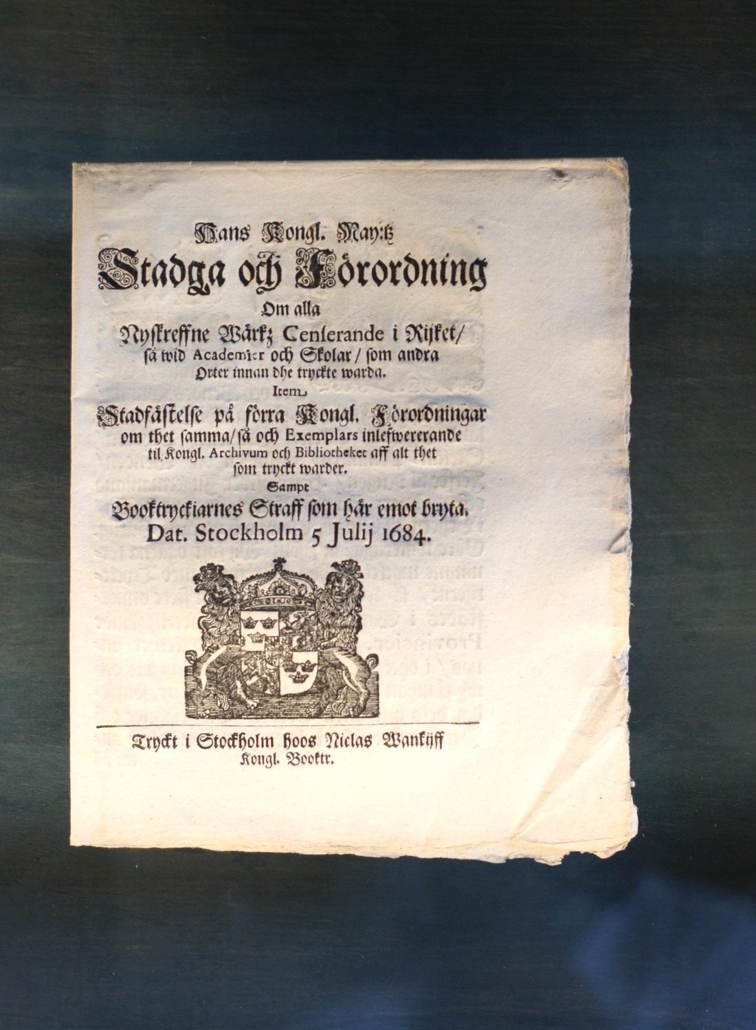 Stadga och Förordning om alla nyskrivna verks censurerande i riket, 1684. Originaltryck ur samlingen.