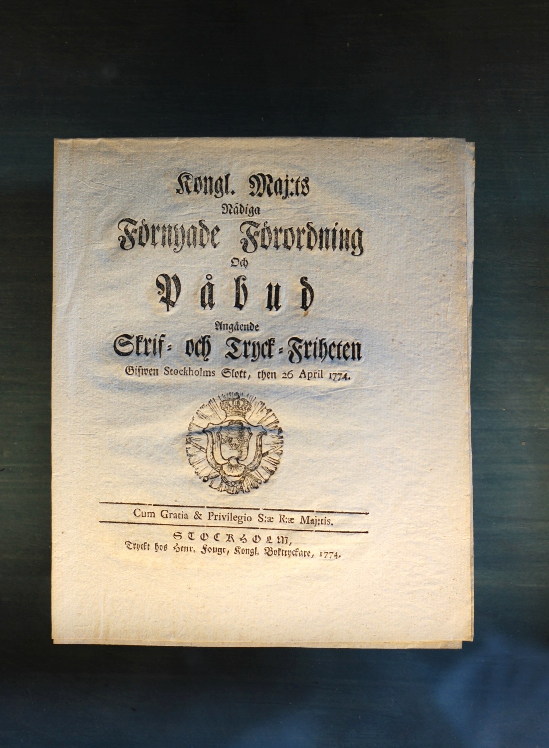 Förnyade Förordning och Påbud angående Skrif- och Tryckfriheten, 1774. Originaltryck ur samlingen.